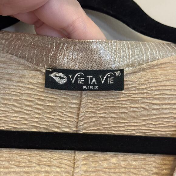 Vie Ta Vie Paris Blouse Womens XL Tan Metallic Plisse Funky Disco Evening Party - Picture 6 of 8